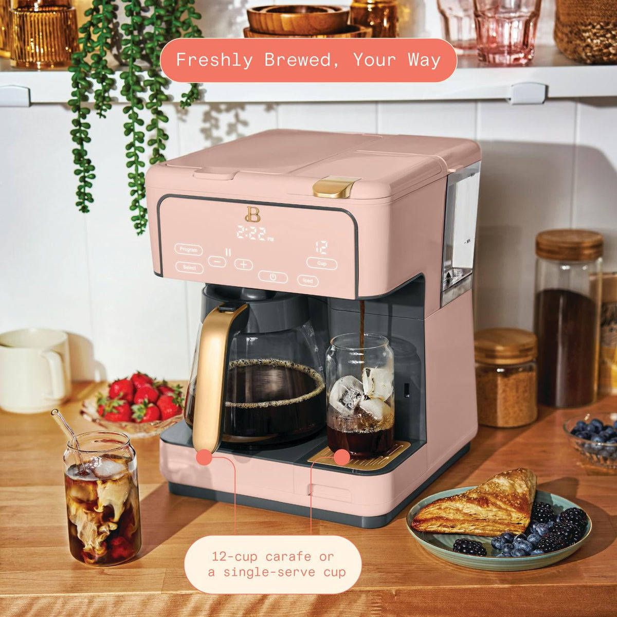 Beautiful by Drew Barrymore Multi-Brew 12-Cup Programmable Drip & Single-Serve Coffee Maker, White Icing