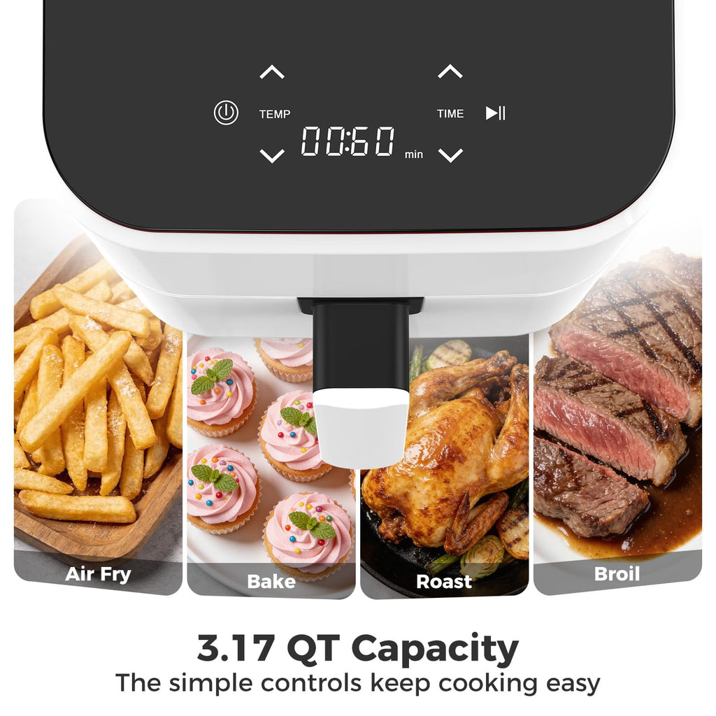 LIFERECORD 3QT Compact Air Fryer, Touch Panel, 800W, 160-400°F, Auto Shut-Off & Overheat Protection, White, for Single/Small Family