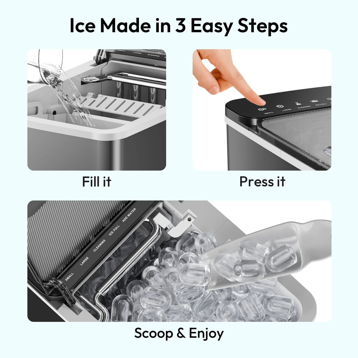 EUHOMY Countertop Ice Maker with Handle, 26 lbs/Day Portable Ice Machine, 9 Bullet Cubes in 6 Minutes, 2 Ice Sizes, Self-Cleaning, 1.1L Water Tank, Black