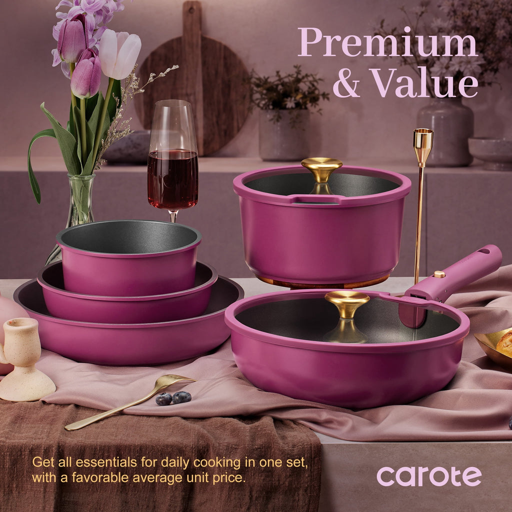 CAROTE 20 Pcs Nonstick Cookware Sets, Pots and Pans Set with Detachable Handles, Oven Safe, Induction Cookware, Stackable Kitchen Cooking Set, Ultra Violet