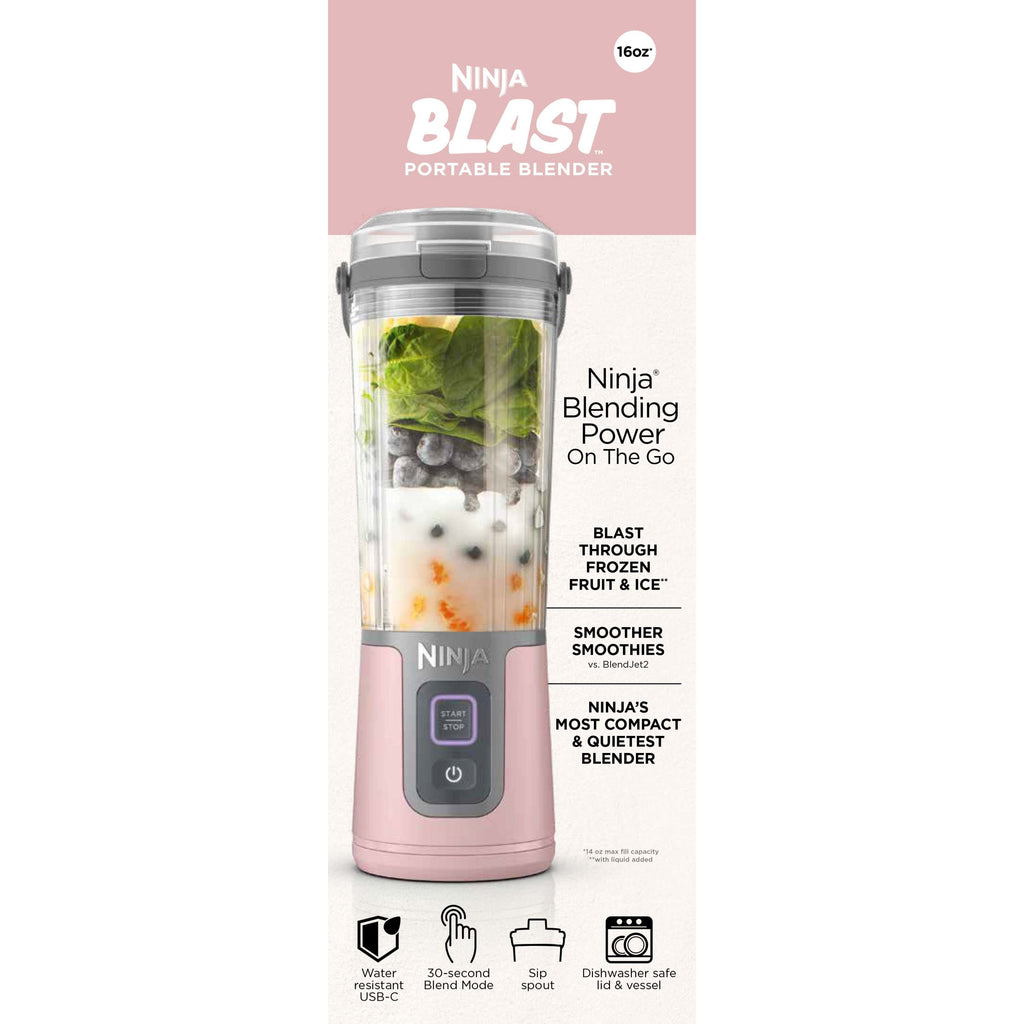 Ninja Blast Portable Personal 18 Oz Blender w/ Leak Proof Lid & Easy Sip Spout, Rechargeable Base, BC150PK Pink