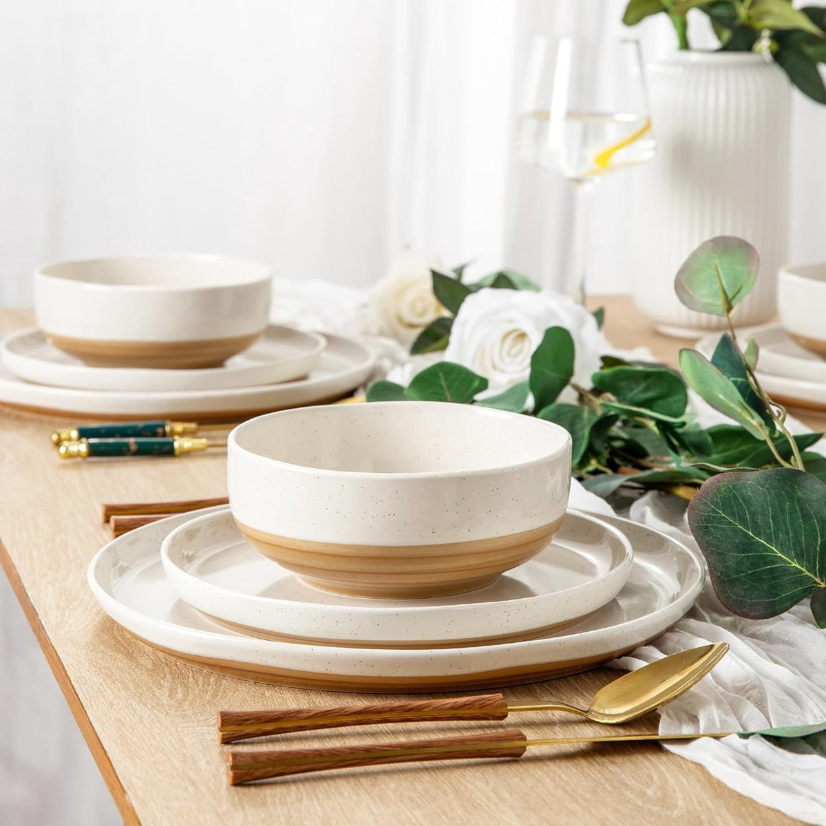 AmorArc Ceramic Dinnerware Sets for 4, 12 Pieces Handpainted Plates and Bowls Set with Rustic Terracotta Underside, Scratch Resistant Stoneware Dishes Set, Dishwasher & Microwave Safe,Light Beige