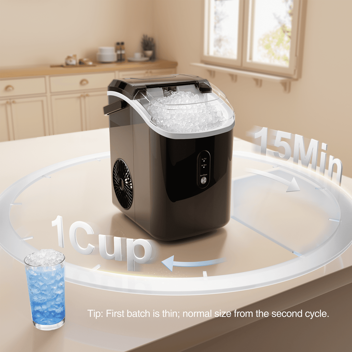 Goosiay 33lb Nugget Ice Maker Countertop, Portable Pebble Ice Machine with Handle, Soft Chewable Pellet, Stainless Steel Black