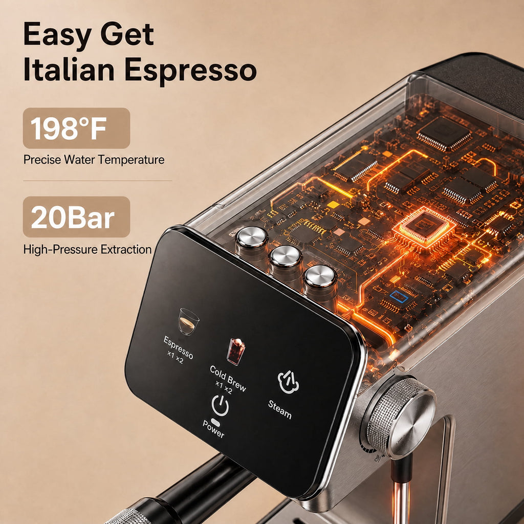 20-Bar Espresso Machine with Rapid Cold Brew, Stainless Steel Coffee Maker, 40oz Removable Water Tank for Cappuccino & Latte, Silver