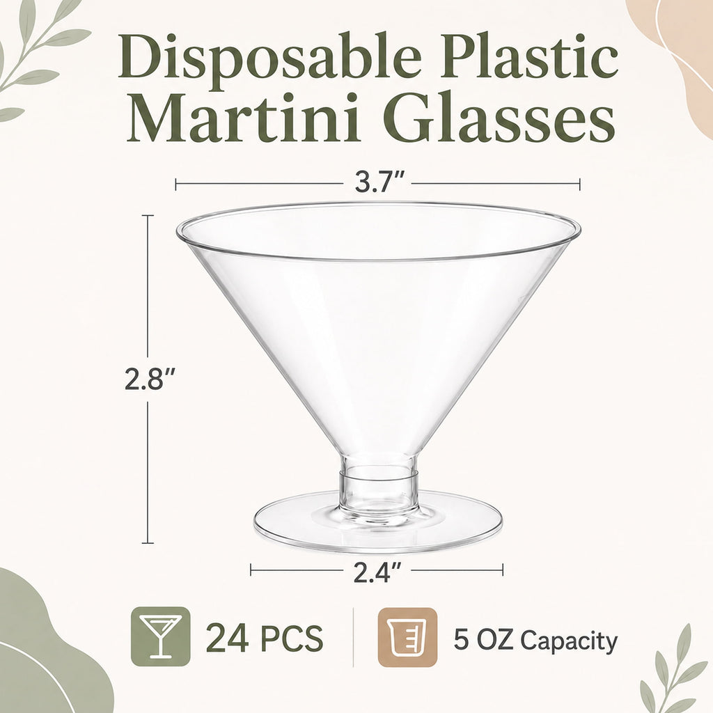 TINANA Disposable Martini Glasses, 24 Count 5oz Clear Plastic Cocktail Cups for Dessert, Wine, Drinks, BPA-Free
