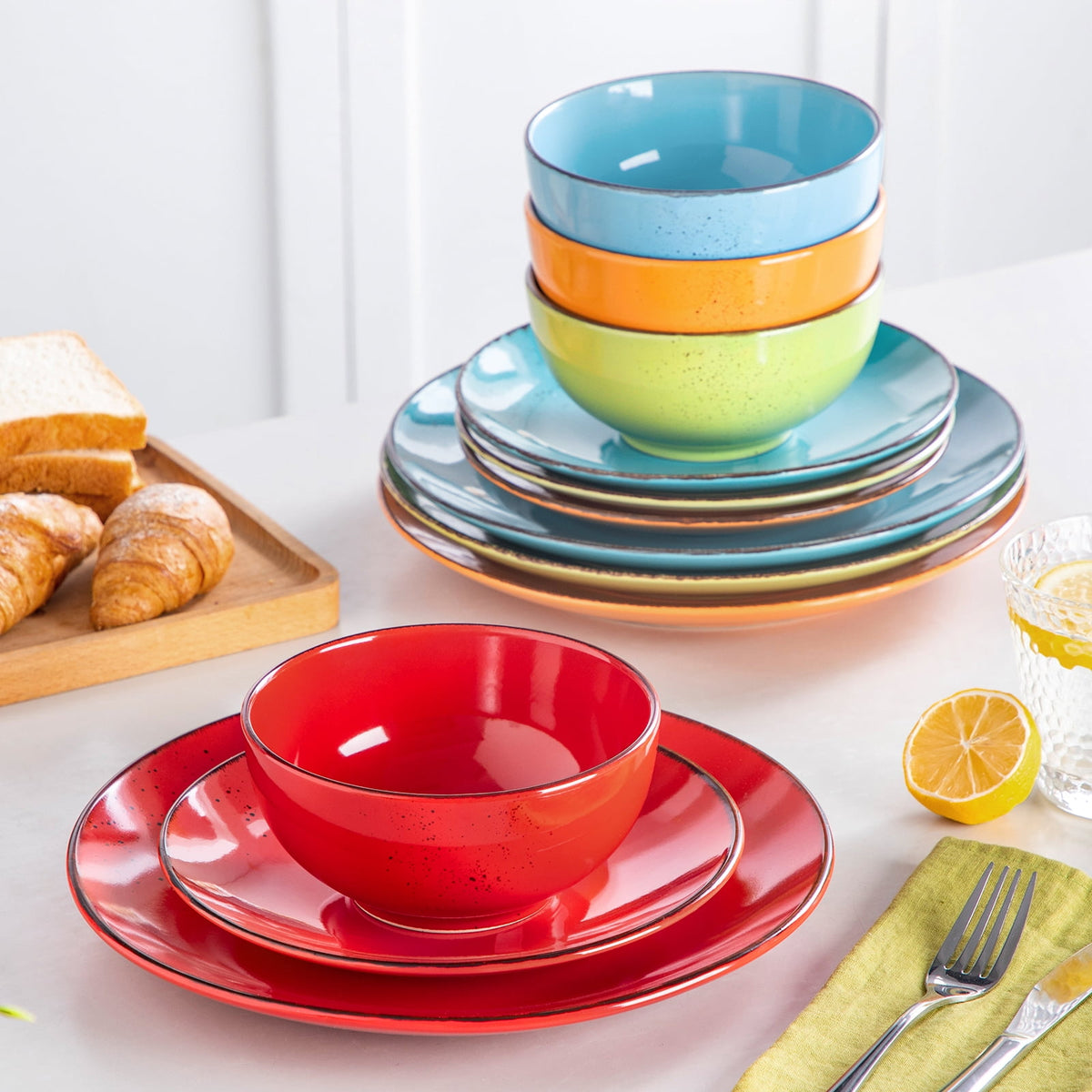 Malacasa 12 Pcs Dinnerware Sets, Ceramic Plates and Bowls Set for 4 with Reactive Glaze & Speckled Finish, Dish Sets, Dishwasher & Microwave Safe, Light Colors