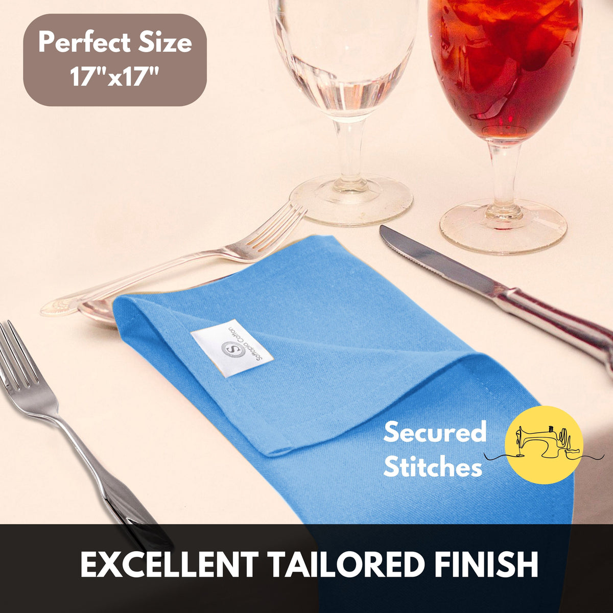 Softopia Cotton Dinner Table Fabric Napkins 17"x17", Set of 12 - Light Blue