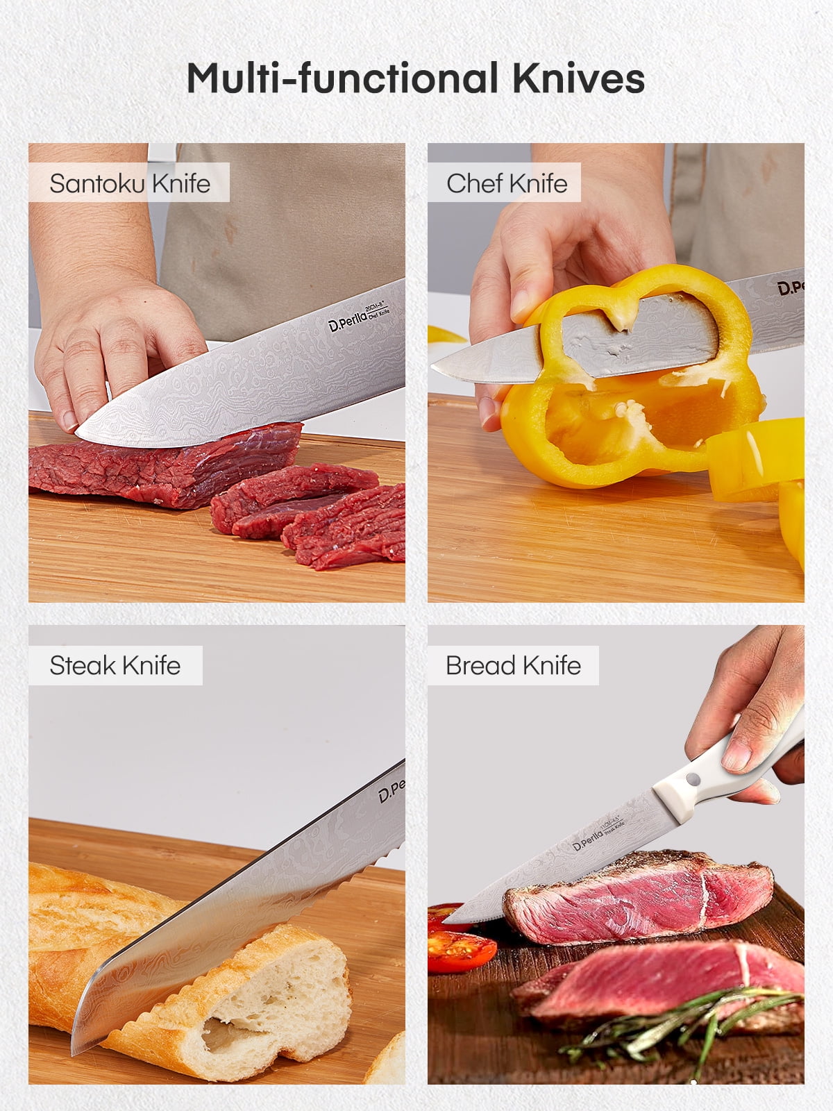 D.Perlla Knife Set, 14 Pcs Kitchen Knives Set with Built-in Sharpener, German Stainless Steel Knife Sets with Block