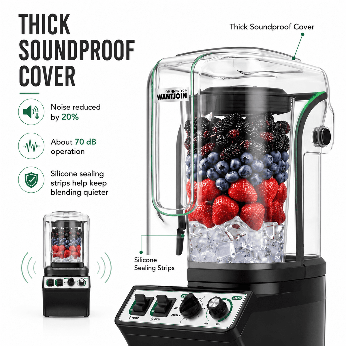 WantJoin Blender-Commercial Blender with Soundproof Shield, Enclosure 2200W ,Quiet Professional-Grade Power,Self-Cleaning,Gray