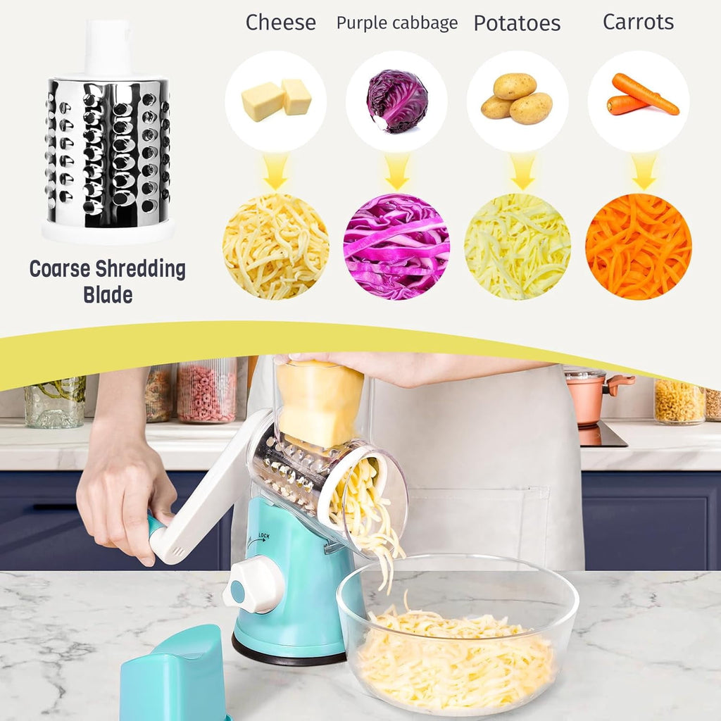 Premium Rotary Cheese Grater, Manual Cheese Grater for Kitchen, Handheld Vegetables Slicer Cheese Shredder with Rubber Suction Base, 3 Stainless Drum Blades Included,Blue