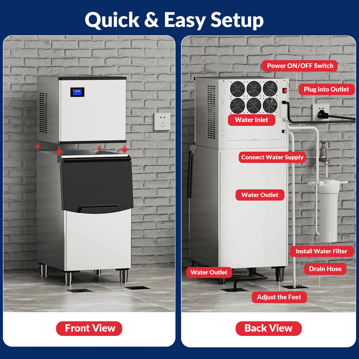 RIOXC Commercial Ice Maker Machine 650LBS/24H with 350LBS Bin, Split Clear Nugget Ice Makers, Fast Ice Maker Ice-Ready in 8-15mins for Restaurant Bar Hotel