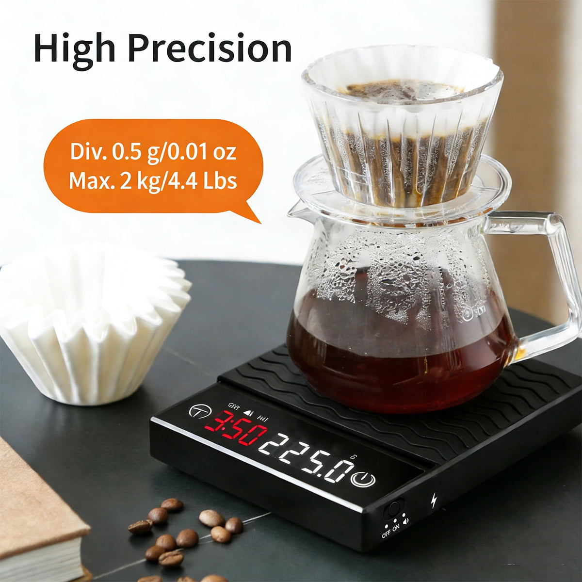 Coffee Scale with Timer, 2kg/0.1g High Precision Espresso Scale, Compact USB-C Rechargeable Digital Coffee Weight Scale for Pour Over, Espresso, Drip Coffee, Black