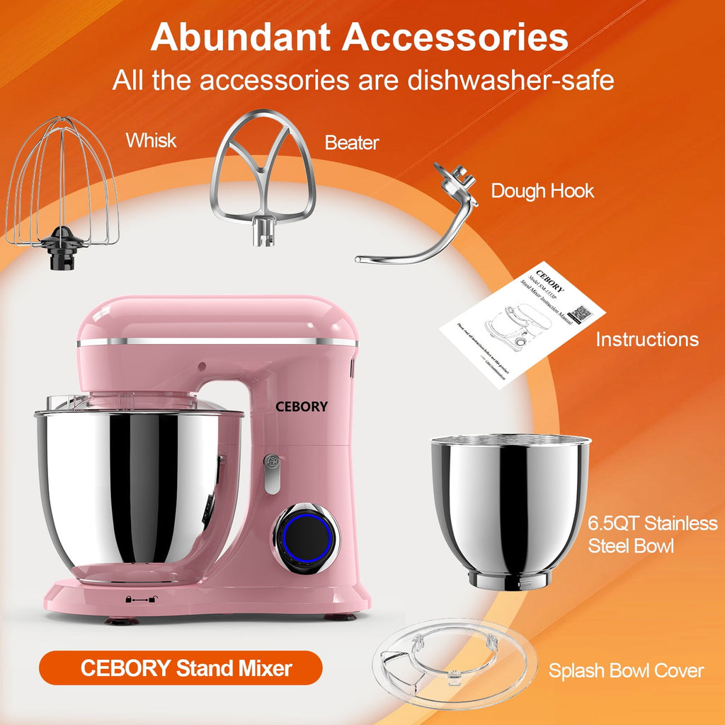 CEBORY 3-IN-1 Stand Mixer, 6.5 QT Tilt-Head 10-Speed Food Mixer, Kitchen Electric Mixer with Dough Hook, Beater, Whisk, Bowl for Most Home Cooks