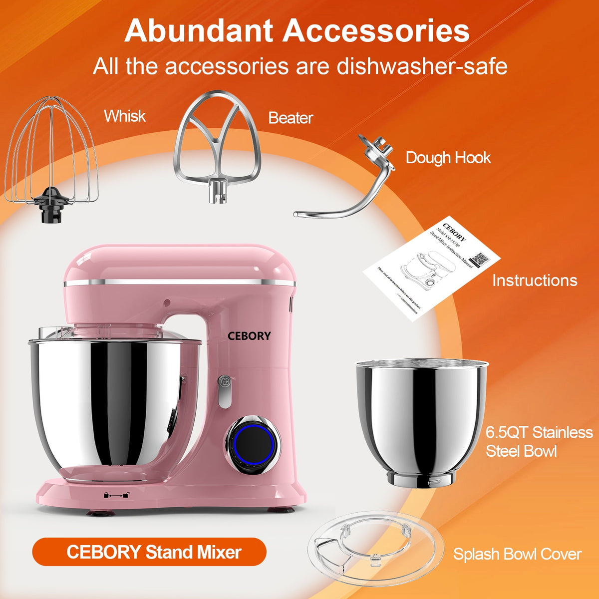 CEBORY 3-IN-1 Stand Mixer, 6.5 QT Tilt-Head 10-Speed Food Mixer, Kitchen Electric Mixer with Dough Hook, Beater, Whisk, Bowl for Most Home Cooks