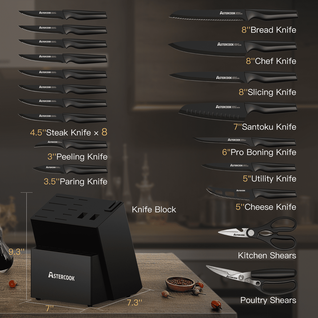 Astercook 20 Pieces Knife Set, Kitchen Knives Set with Built-in Sharpener, Healthy Anti-Rust Coating & German Stainless Steel Knife Block Sets, Dishwasher Safe Black