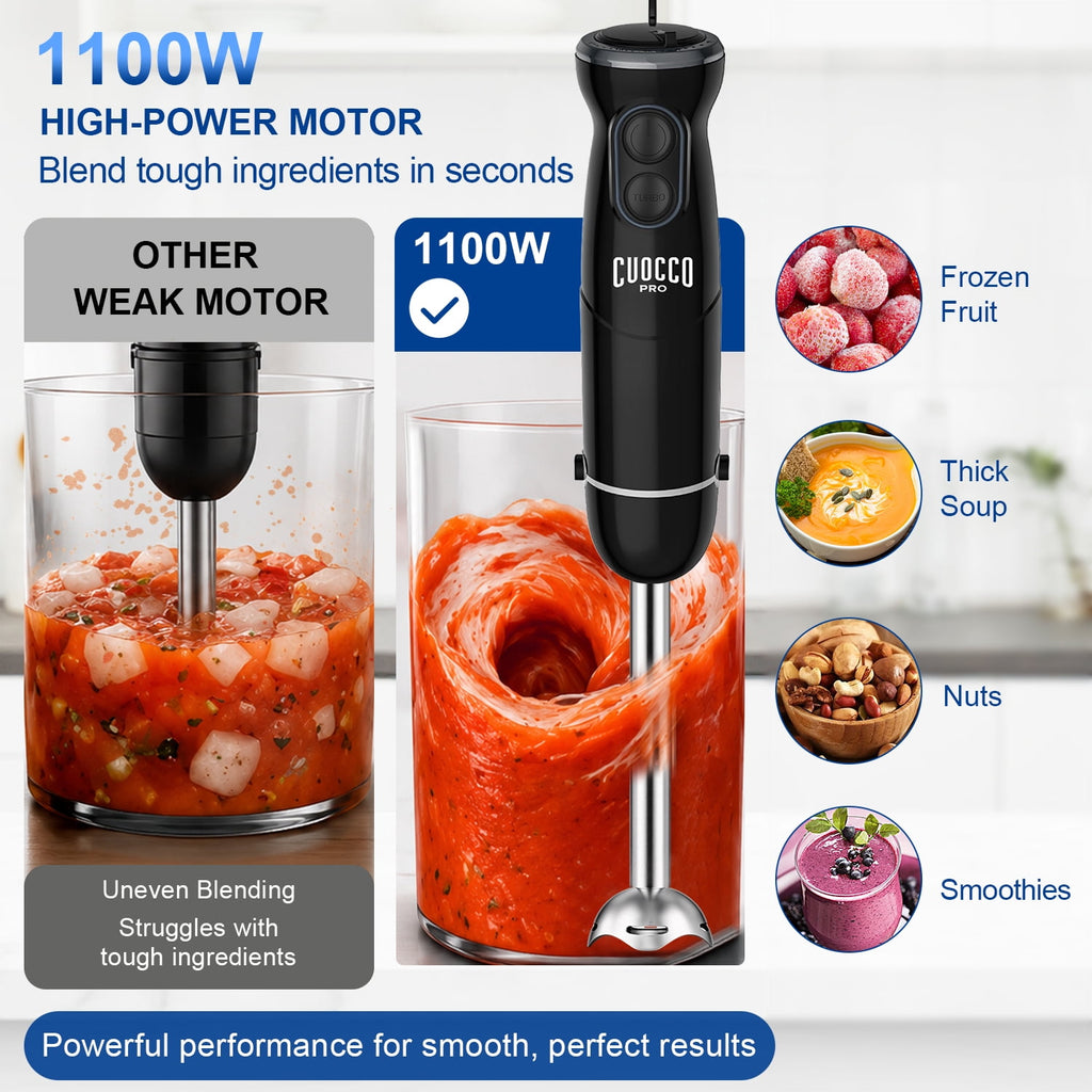 CUOCCO PRO Immersion Blender Handheld, 1100W Hand Blender with 21 Speeds & Turbo, Hand Mixer for Smoothies, Soups & Baby Food, Dishwasher Safe, Red