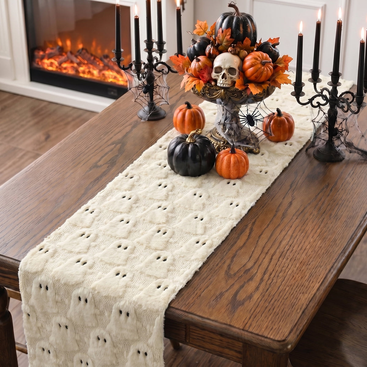 Sm:)e White Ghost Halloween Table Runner 13x72 Inch, Soft Plush Faux Fur Mantel Kitchen Dining Table Decor, Halloween Home Party Decor