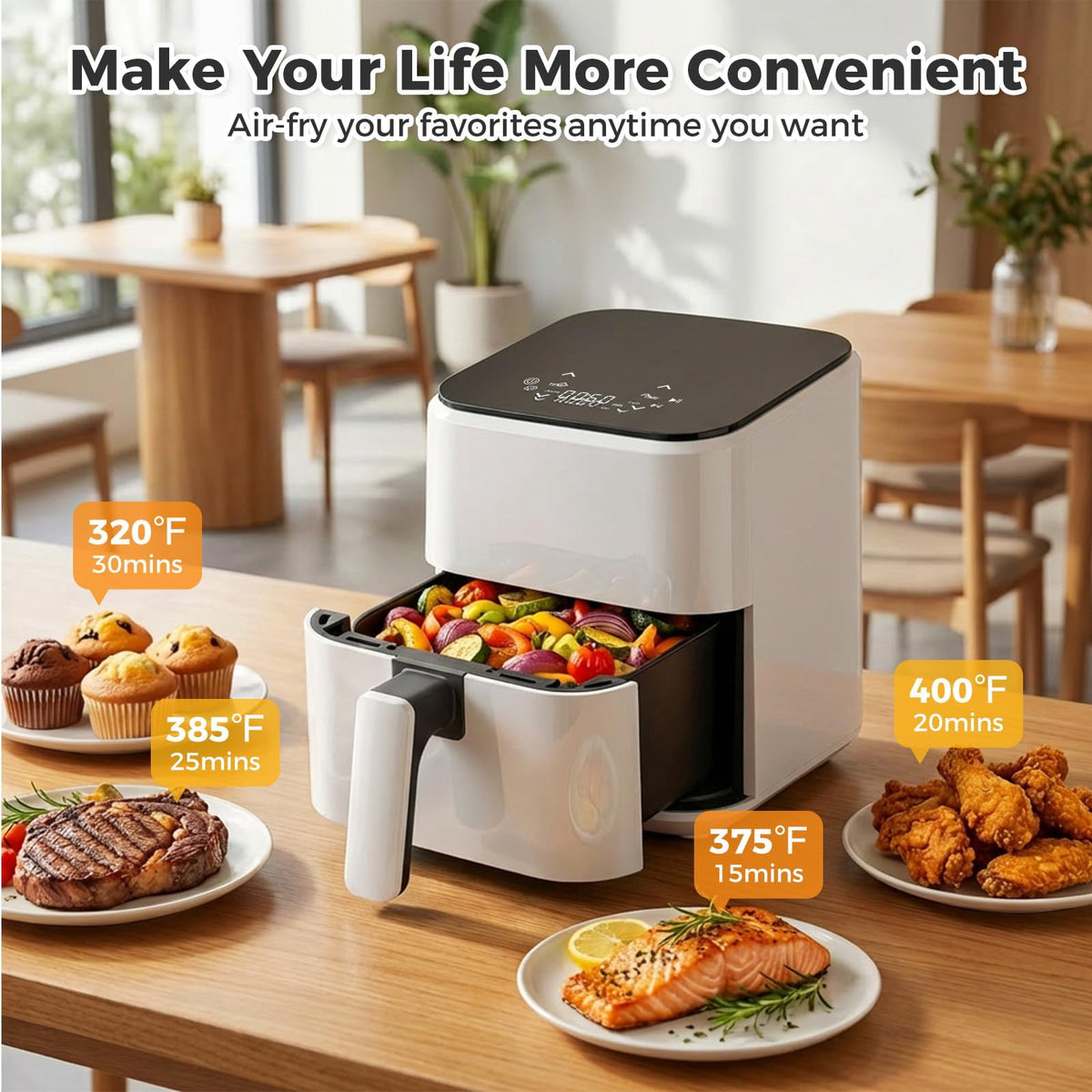 LIFERECORD 3QT Compact Air Fryer, Touch Panel, 800W, 160-400°F, Auto Shut-Off & Overheat Protection, White, for Single/Small Family