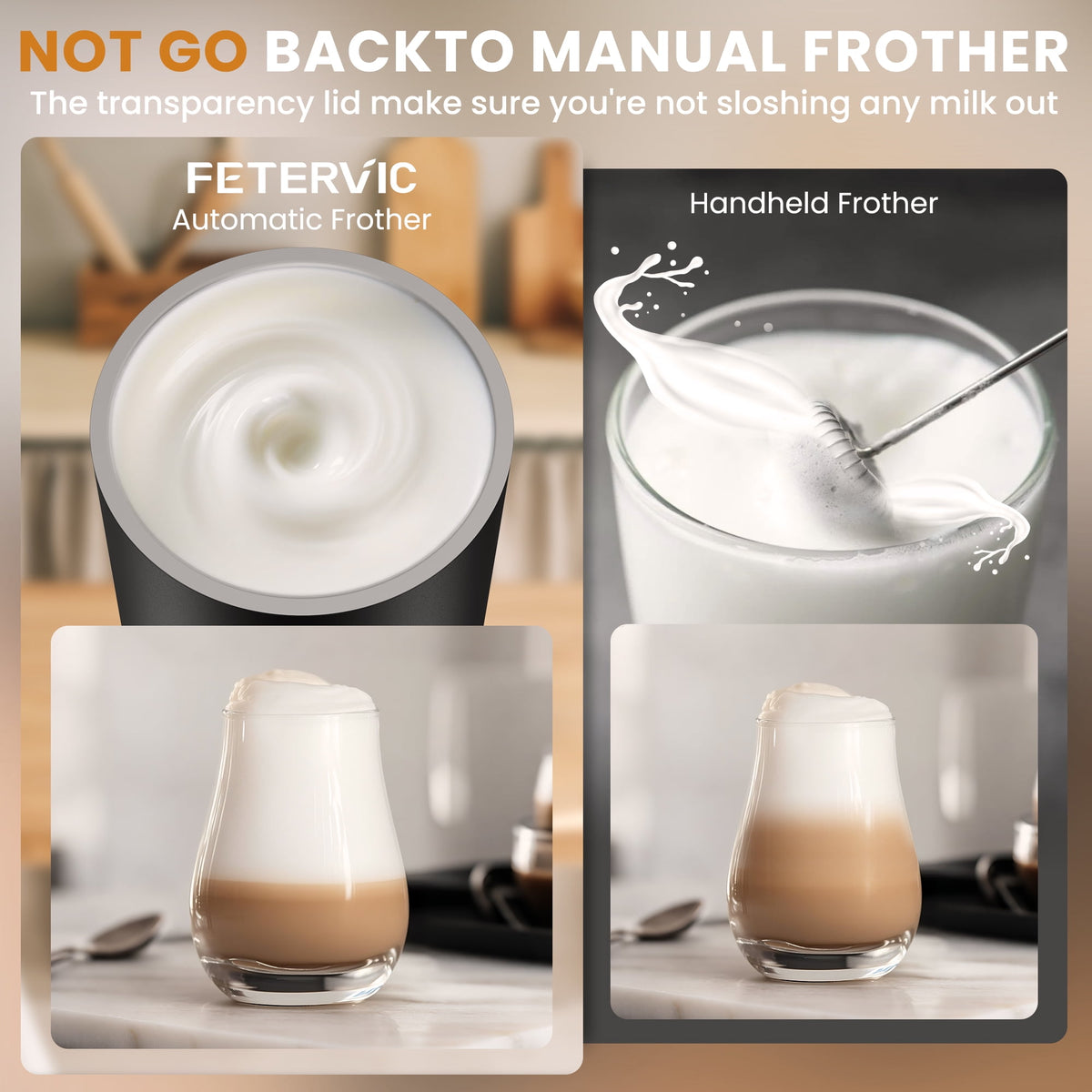 FETERVIC 5-in-1 Electric Frother, Touch Control Automatic Foam Maker, Warm Cold Heating Function for Latte Cappuccino Hot Chocolate