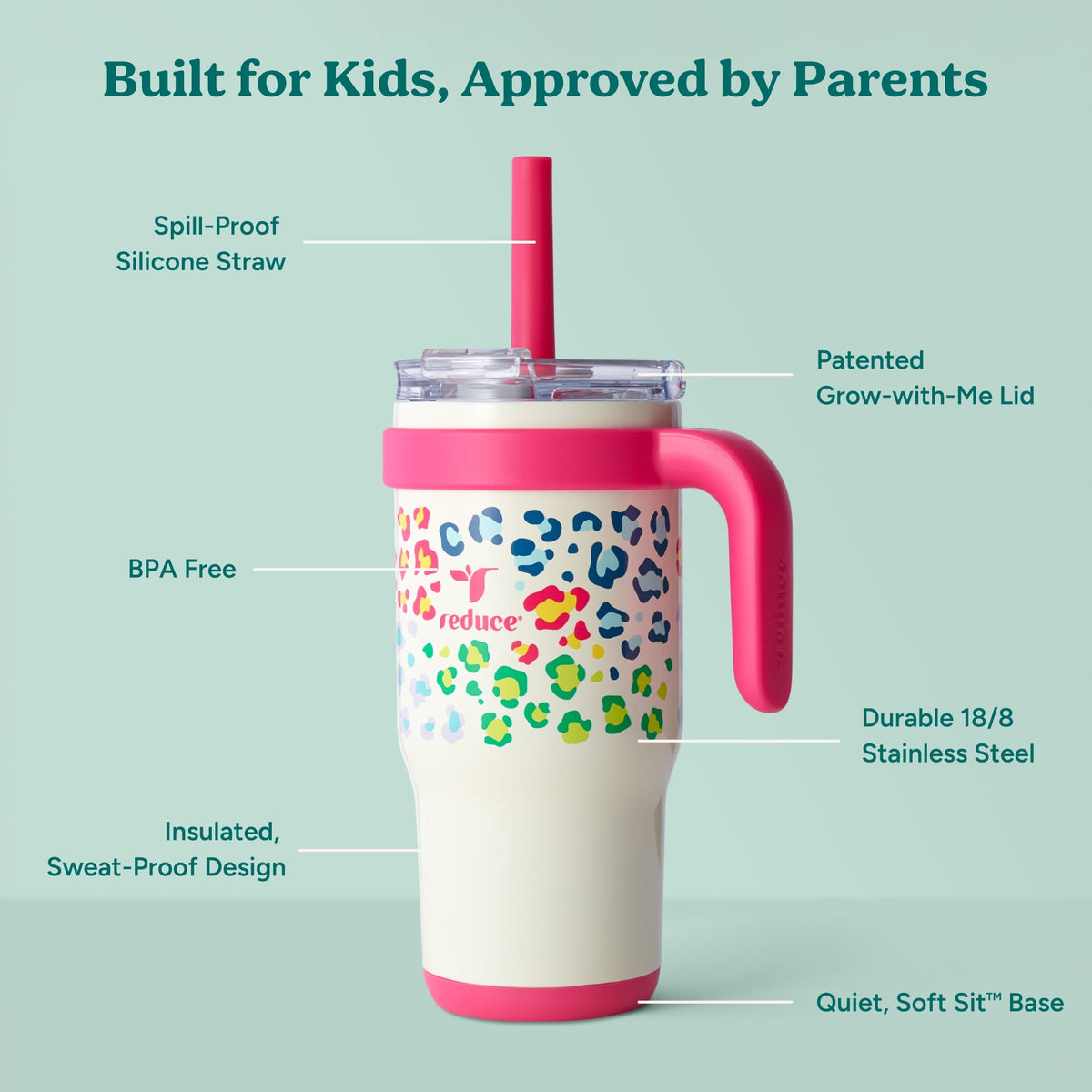 Reduce Coldee Kids Insulated Tumbler with Straw, 18oz Stainless Steel Spill-Proof Cup with Handle, Smiles