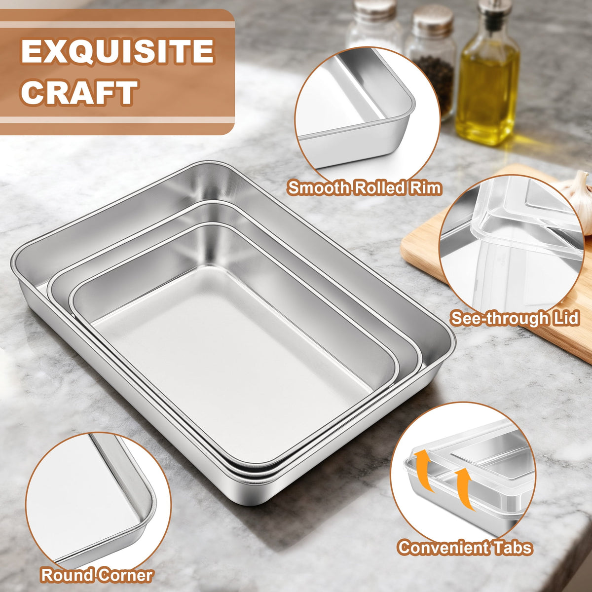 Baking Pans Set of 3, VeSteel Stainless Steel Sheet Cake Pan for Oven - 12.5/10.5/9.4Inch, Rectangle Bakeware Set for Cake Lasagna Brownie Casserole Cookie, Non-toxic & Healthy, Dishwasher Safe