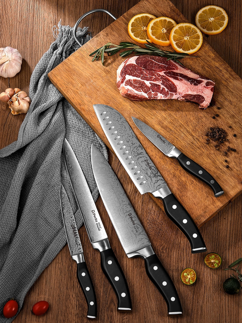 D.Perlla Knife Set, 14 Pcs Kitchen Knives Set with Built-in Sharpener, German Stainless Steel Knife Sets with Block