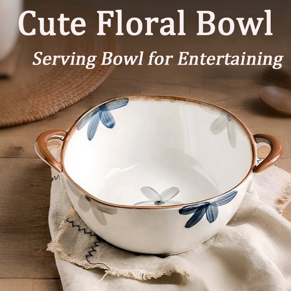 Large Salad Serving Bowl 50oz Deep Pasta Bowl Ceramic Soup Bowl with Handle for Entertaining Fruit Ramen,Decorative Cereal Crock Porcelain Dinnerware