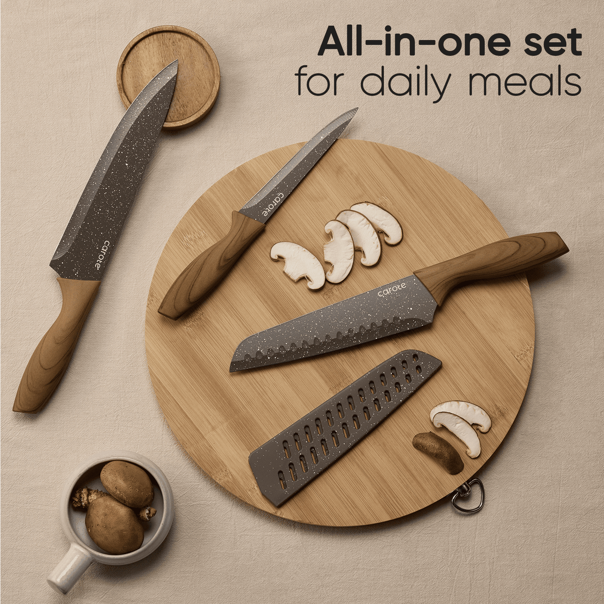 Carote 18-Piece Nonstick Pots and Pans, Granite Cookware Set with Kitchen Utensils, Brown