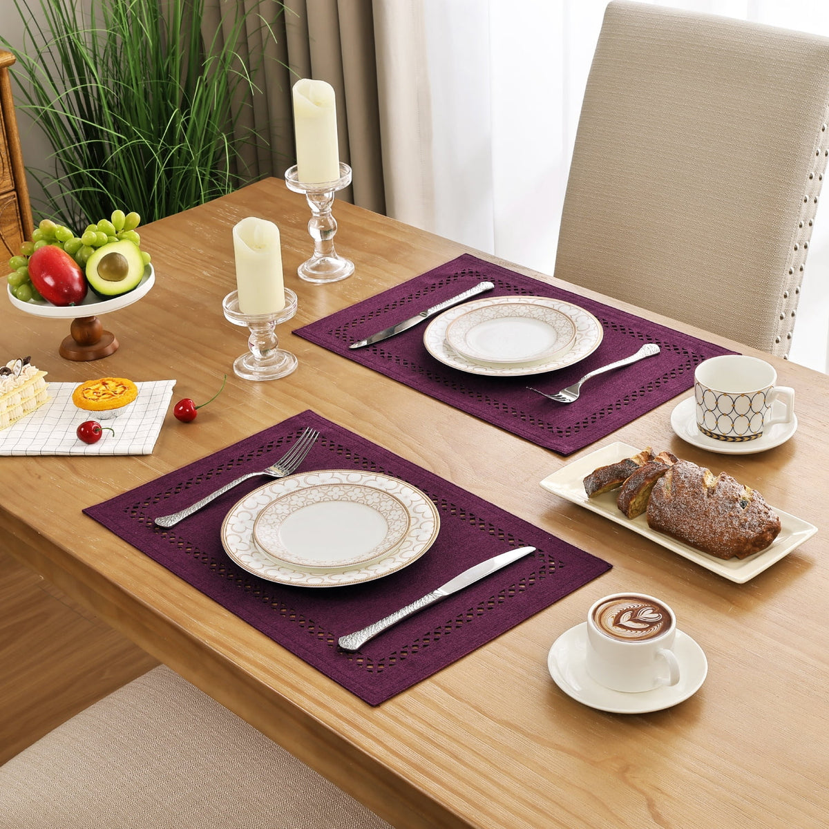 Placemats Set of 4, Yamaziot Double Layer Cloth Fabric Heat Resistant Place Mat, Washable Reversible Rectangle Dining Table Mats, Hollow Khaki, 12"x18"