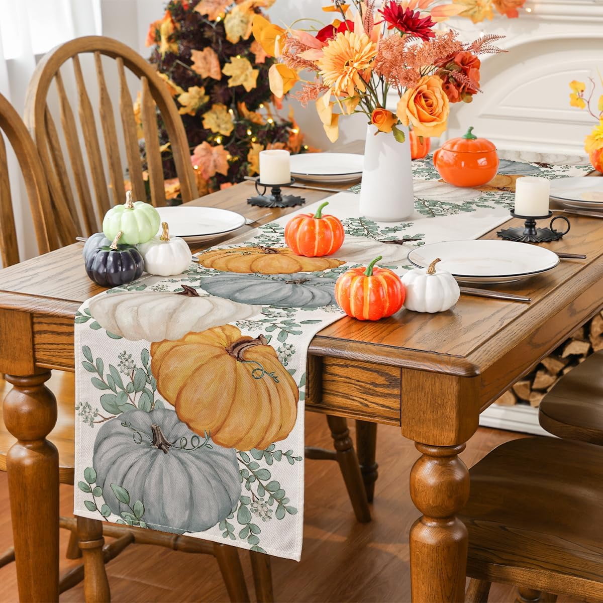 YIBAGA Fall Table Runner, Pumpkins Holiday Home Party Dining Decoration, 13x72 inch, Polyester