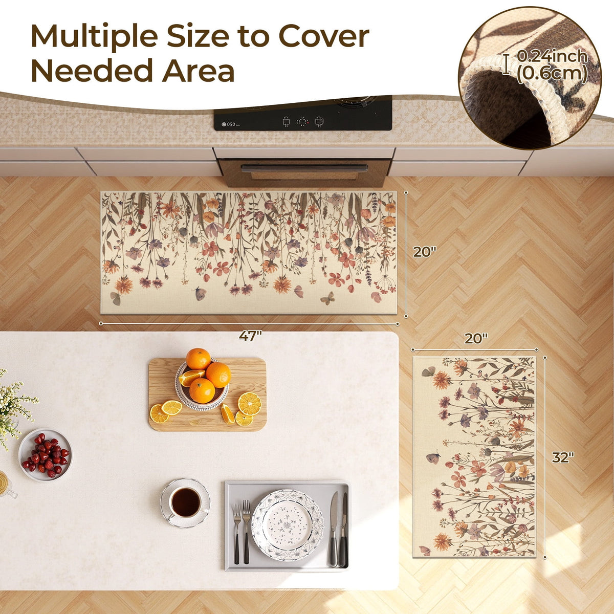 Findosom Floral Non-Slip Kitchen Rugs Set of 3,Washable Kitchen Mat Farmhouse Kitchen Floor Mats Runner for Home Sink Entrance Laundry Hallway,20"x32"+20"x47"+20"x59" Beige