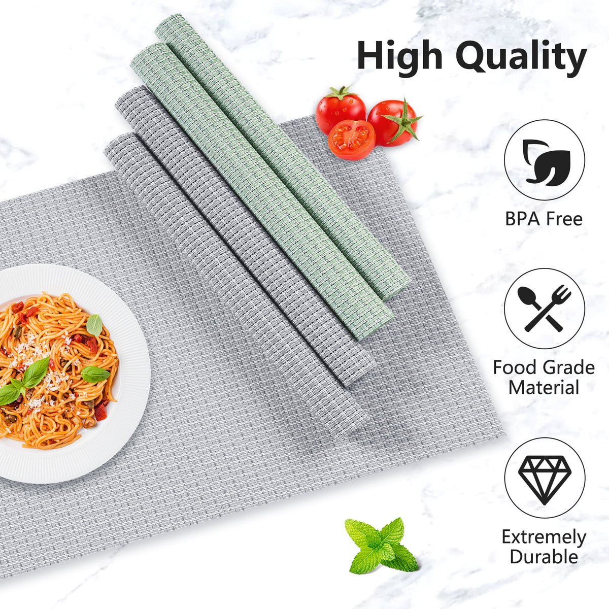 VCVCOO Navy Blue Placemats Set of 4 - Easy Clean Washable PVC Vinyl Placemats - Wipeable Heat Resistant Woven Table Mats for Dining Table - 12x18 inch