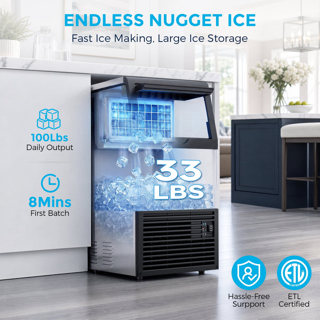 Snowyermine Residential/Commercial Ice Maker, 100 lbs/24H, 33 lb Storage Bin,Built-In or Freestanding Under Counter Ice Machine, Self-Cleaning for Restaurant, Bar, Cafe & Home, Silver