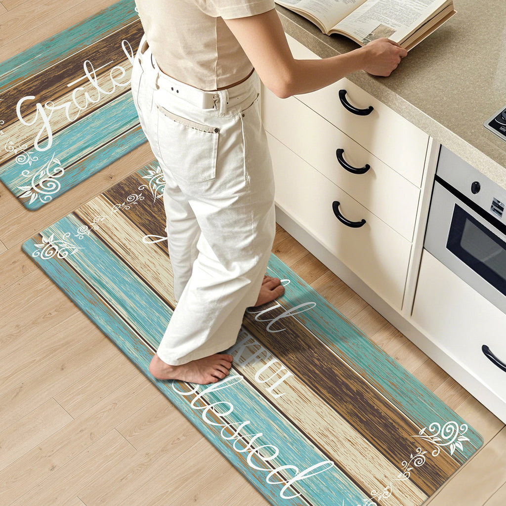 MeyJey Farmhouse Kitchen Rug Set of 2, Non-Slip Anti-Fatigue Waterproof Cushioned Mat for Kitchen, Dining & Laundry Room, 18"x30"+18"x48" Teal/Brown