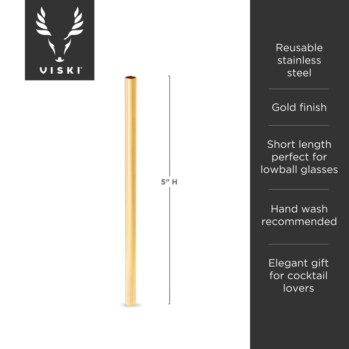 Viski Belmont Stainless Steel Cocktail Straws, Reusable Straws 5" Set of 6