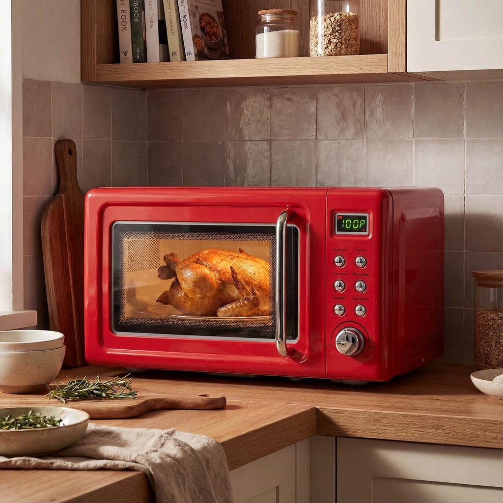 Costway 0.7 Cu.ft Retro Countertop Microwave Oven 700W LED Display Glass Turntable Rose Gold
