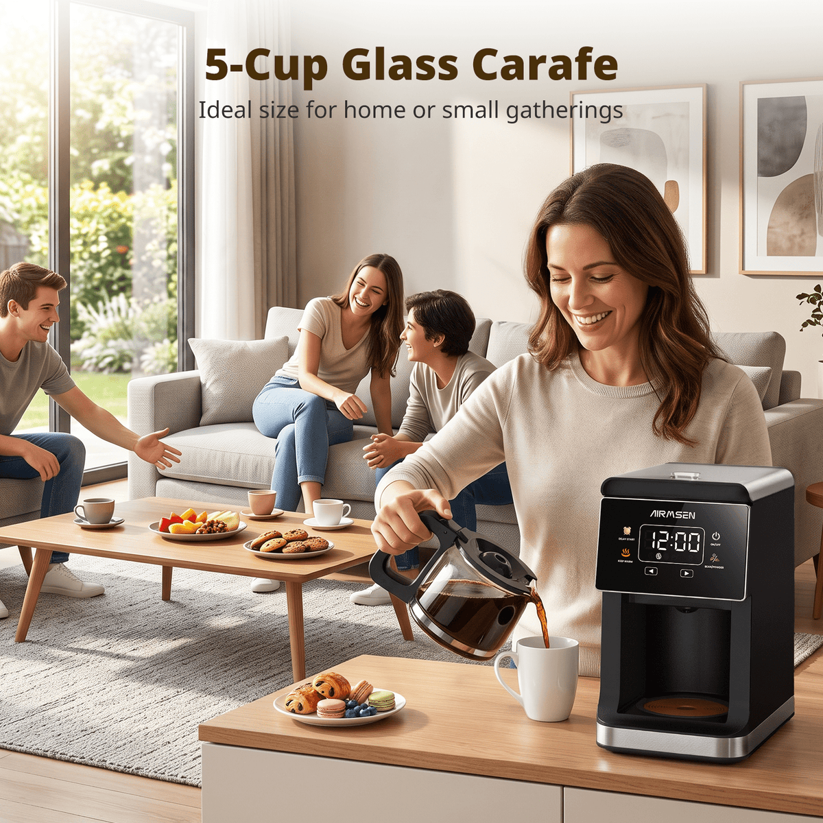 AIRMSEN 2 in 1 Coffee Maker with Grinder, 5-Cup Grind and Brew Coffee Pot, Programmable Coffee Machine, 3 Grind Settings, Up to 4-Hour Keep Warm & 24-Hour Delay Brew