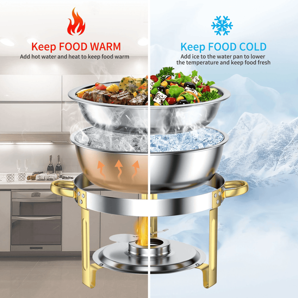 Chafing Dish Buffet Set 4 Pack: TINANA 5QT Stainless Steel Chafing Dishes for Buffet with Glass Lid & Lid Holder, Round Chafers and Buffet Warmers Sets for Parties, Events, Wedding, Camping, Dinner