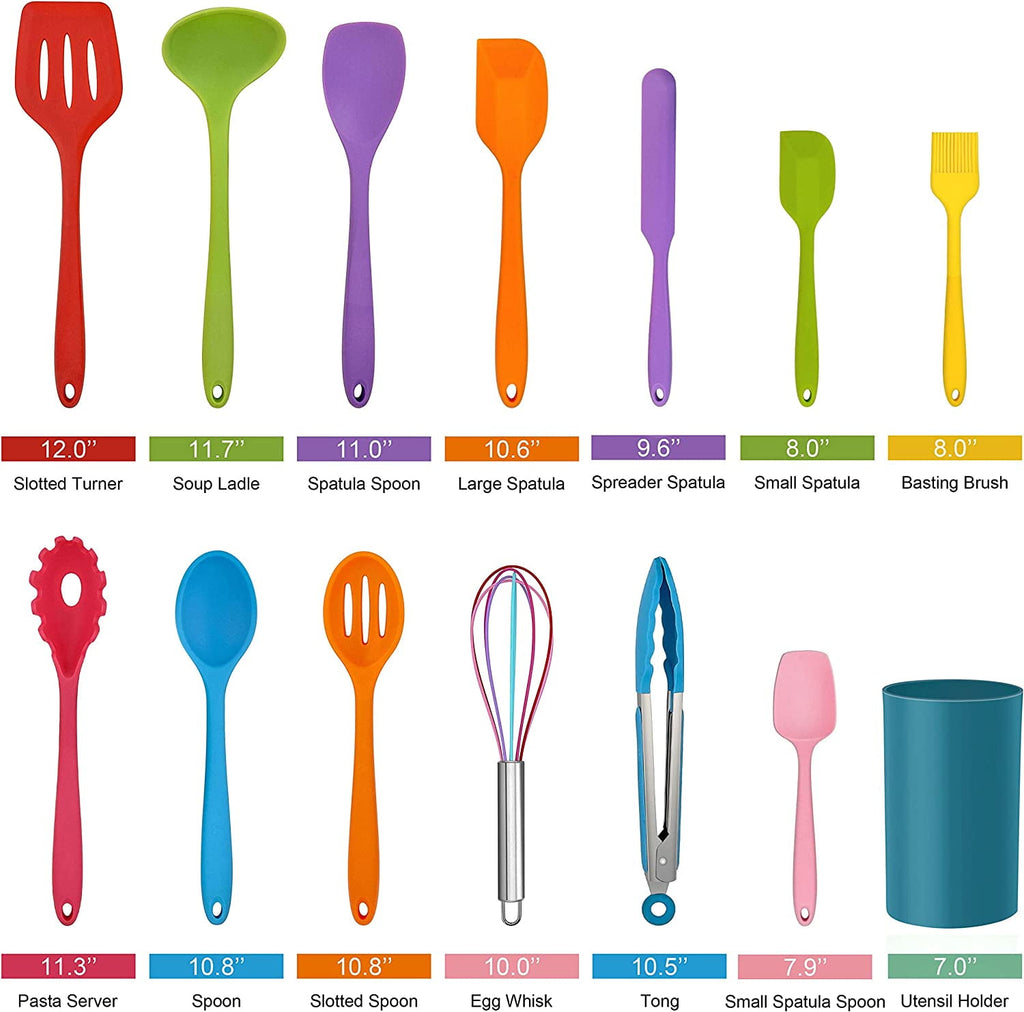 Walchoice 14 Pcs Cooking Utensils Set with Holder, Heat Resistant Silicone Kitchen Cookware Utensils Set, Kitchen Cooking Tools Includes Spatula Spoon Turner Whisk Tong, Dishwasher safe, Red