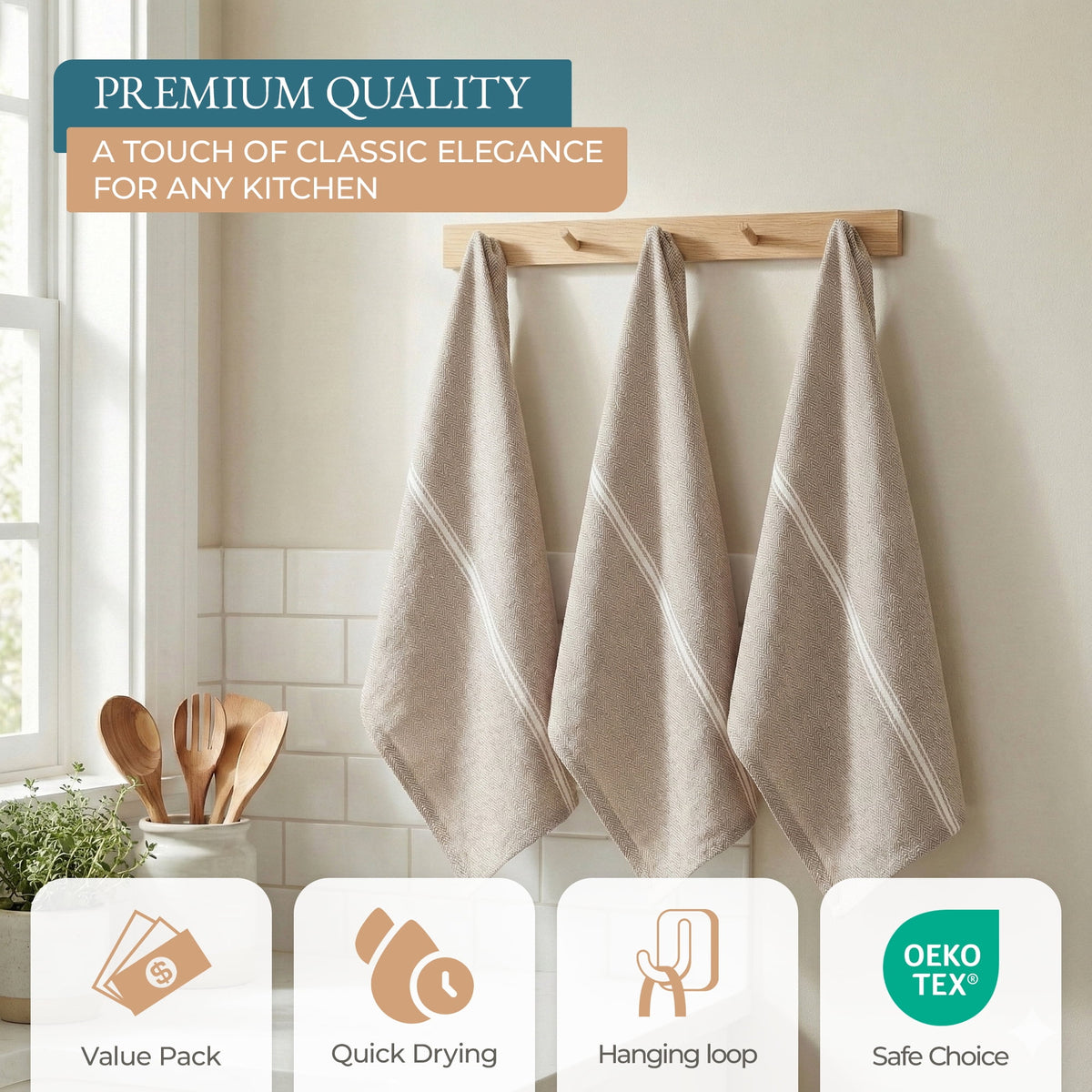 Kitchen Towels Set - 100% Pure Cotton Super Absorbent Hand Towel, Grey Tea Towels, Soft & Durable, Pack of 12 – 15”x25”, Grey Stripe