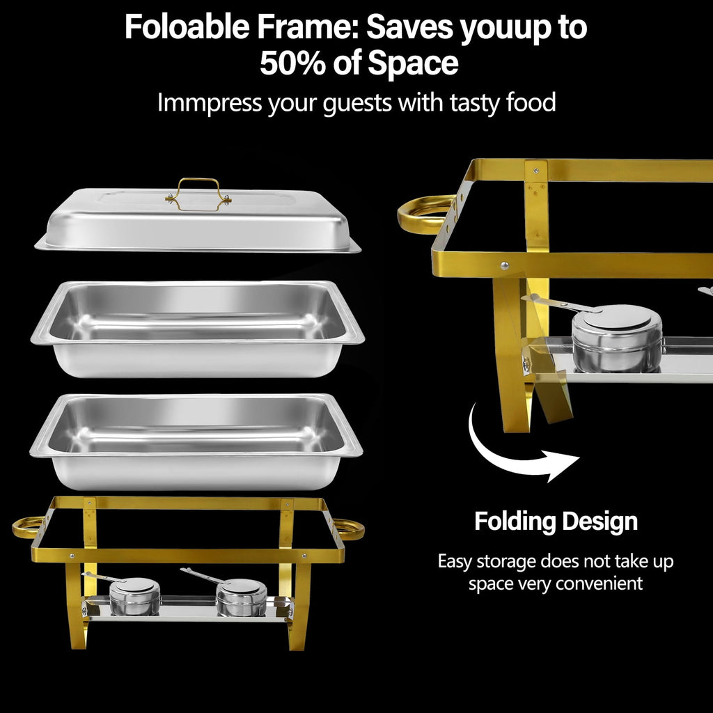 Jacgood Rectangle Golden Chafing Dish Buffet Set, 8Qt 4 Pack Full Pan Stainless Steel Catering Warmer Set with Water Pan for Home Party, Buffets, Wedding, Banquet, Catering Events