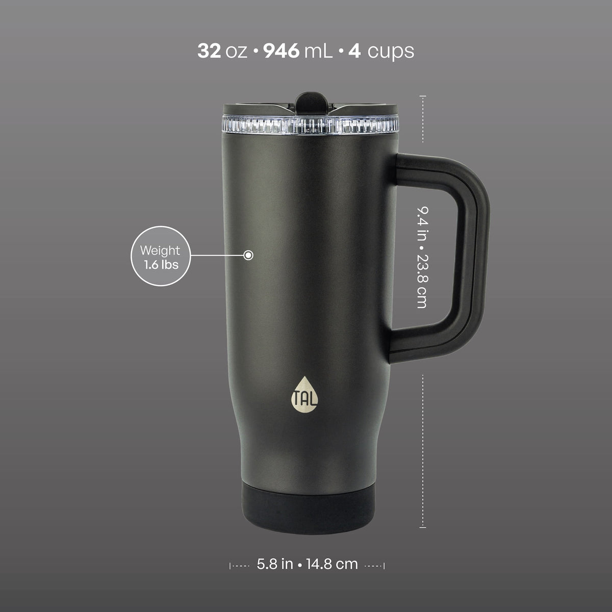TAL 32oz Stainless Steel Skye Tumbler with Flip-Up Straw, Black