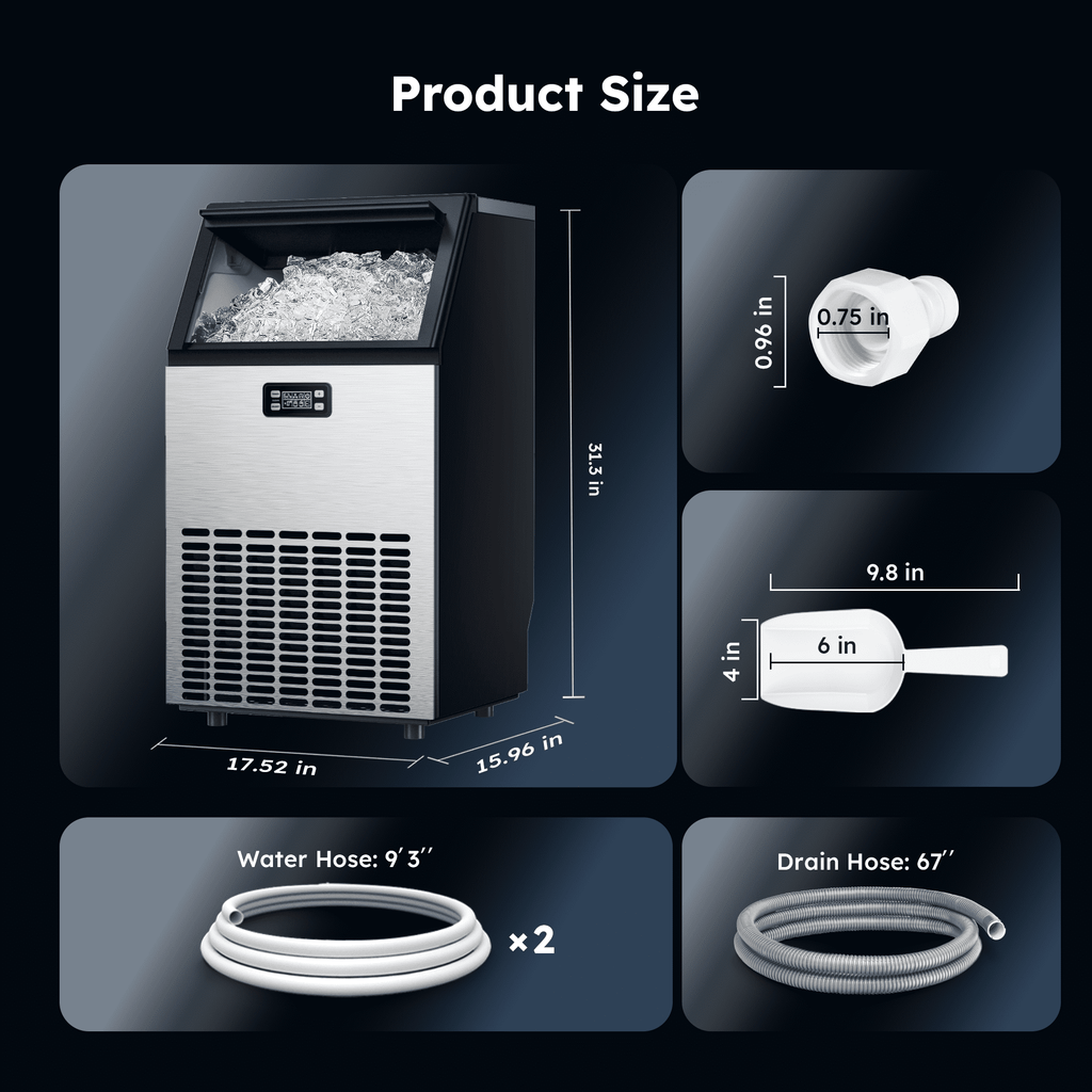 Simzlife Commercial Ice Maker, 100 Lbs/24H, Freestanding or Built-In, 33 Lb Storage Bin, Stainless Steel Ice Machine