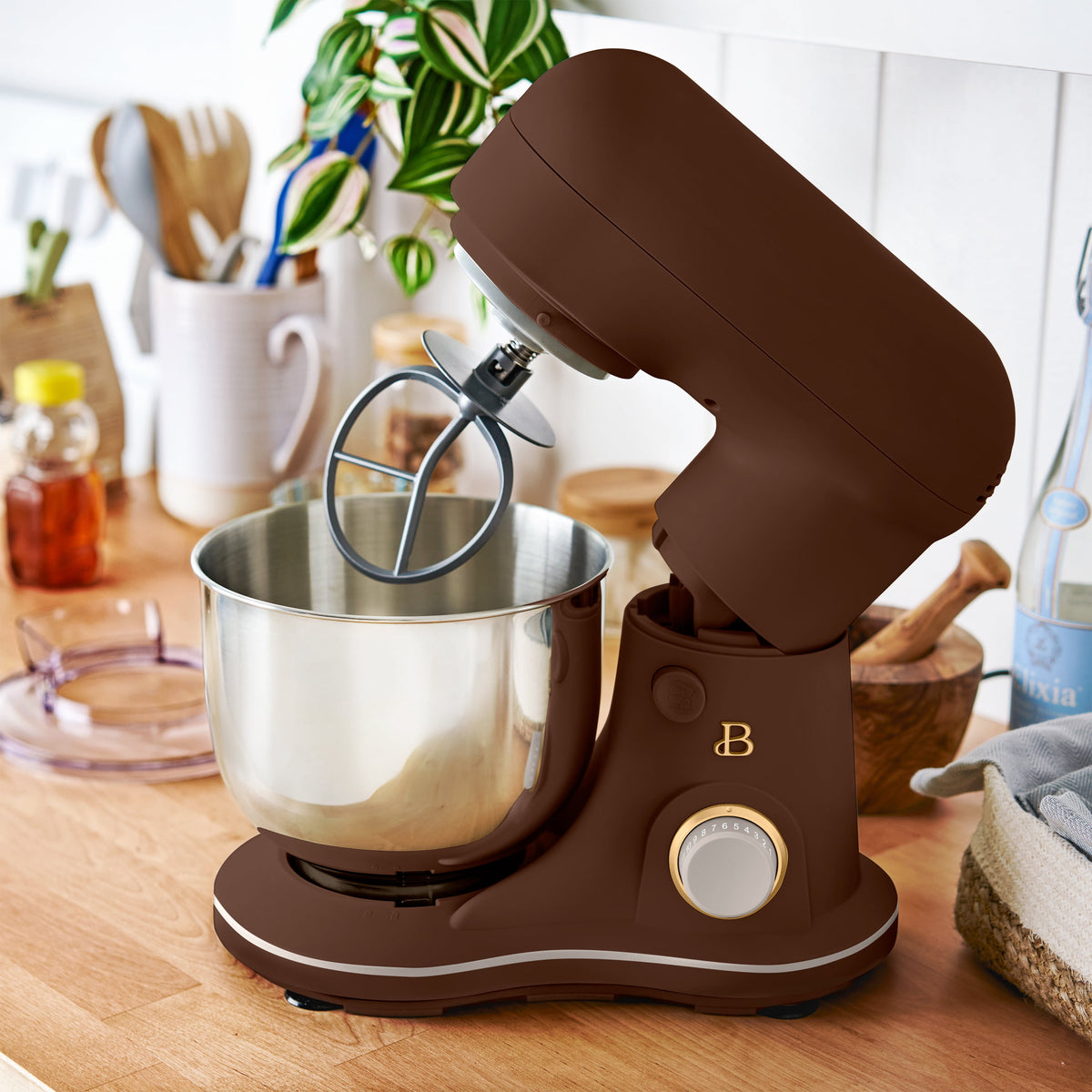 Beautiful 3.5 Qt Stand Mixer with Flat Beater, Dough Hook, Balloon Whisk, Chocolate by Drew Barrymore
