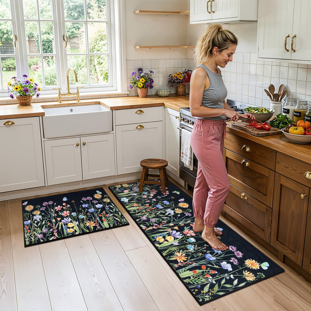 Findosom Floral Non-Slip Kitchen Rugs Set of 3,Washable Kitchen Mat Farmhouse Kitchen Floor Mats Runner for Home Sink Entrance Laundry Hallway,20"x32"+20"x47"+20"x59" Beige