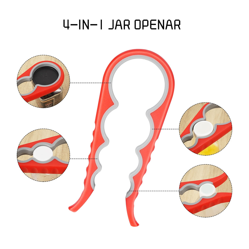 sixwipe 4 Pack Jar Opener Bottle Opener for Weak Hands, 5 in 1 Multi Function Opener Bottle Opener Kit, Jar Opener with Silicone Handle, Jar Openers for Seniors with Arthritis, Jar Opener Gripper Pad