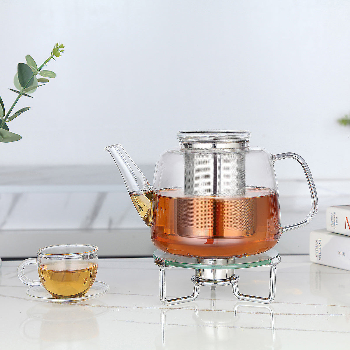 Easyworkz Borosilicate Glass Teapot 50oz with Large Stainless Steel Removable Loose Tea Infuser for Fruit Herbal and Infusion, Smoke Grey