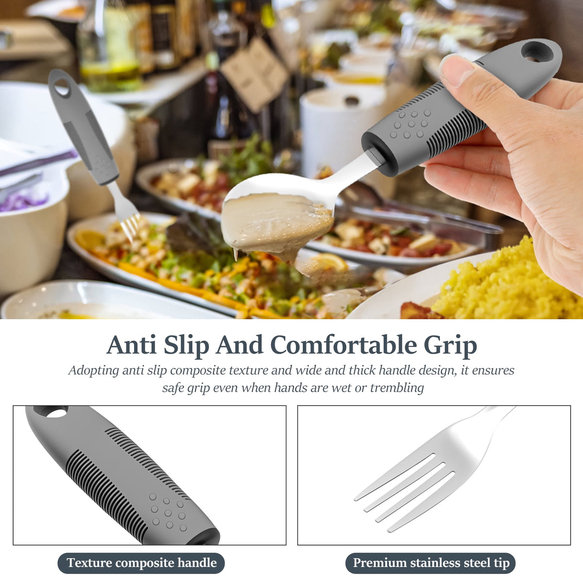 Jetcloudlive 4 Pcs Adaptive Utensils Stainless Steel Built up Utensils for Adults Complete Weighted Silverware Set Nonslip Easy Grip Silverware