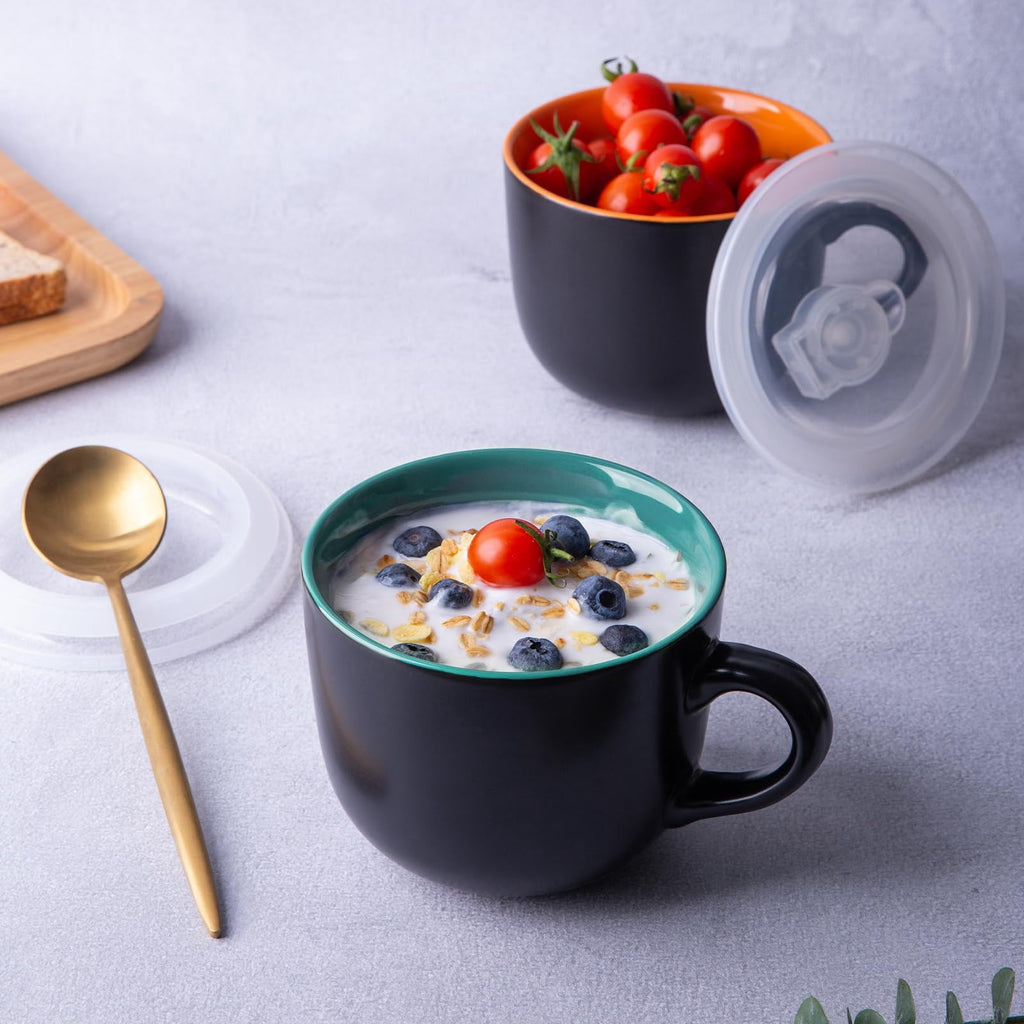 AmorArc Ceramic Soup Mugs with Lid, 24 oz Soup Cups with Hanlde for Coffee,Cereal,Salad,Noodles,Tea,Soup Bowls Cups,Microwave &Dishwasher Safe, Set of 4, Blue with Vented lid