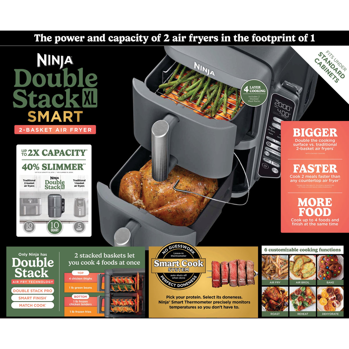 Ninja DoubleStack Smart XL Air Fryer 10-Qt, Smart Cook & Thermometer, 2 Baskets, Space Saving, SL451 Deep Gray